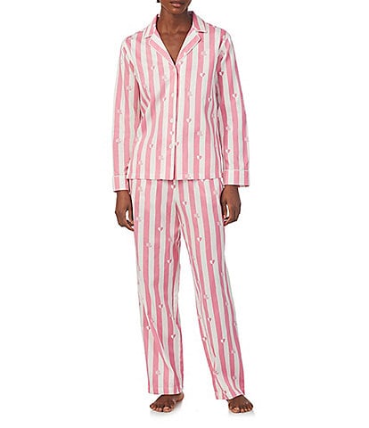 Lauren Ralph Lauren Long Sleeve Notch Collar Long Pant Woven Heart Striped Pajama Set