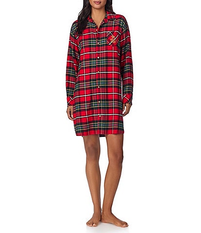 Lauren Ralph Lauren Long Sleeve Notch Collar Plaid Brushed Twill Holiday Nightshirt