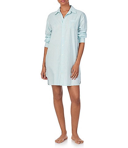 Lauren Ralph Lauren Long Sleeve Notch Collar Shirttail Hem Woven Lawn Light Blue Stripe Nightshirt