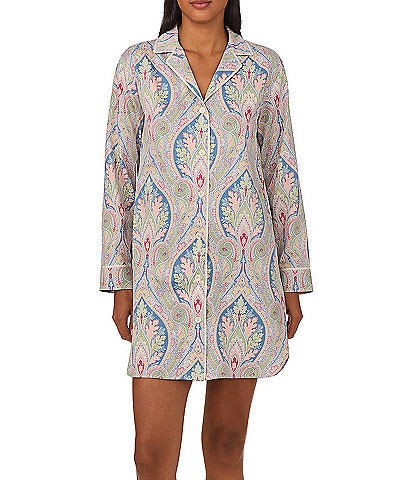 Lauren Ralph Lauren Long Sleeve Notch Collar Woven Sateen Paisley Nightshirt