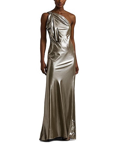 Lauren Ralph Lauren Metallic Chiffon One Shoulder Sleeveless Gown