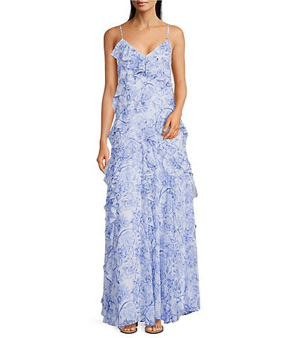 Lauren Ralph Lauren Mistbe Printed V-Neck Sleeveless Ruffle Trim Georgette A-Line Maxi Dress