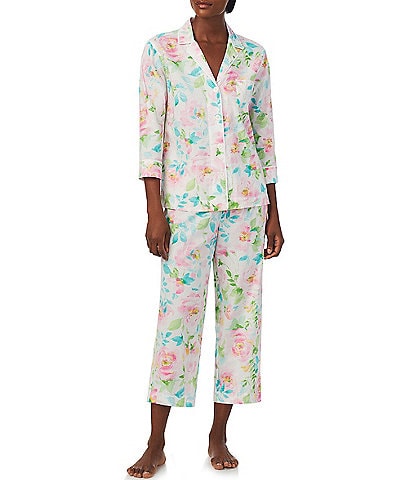 Lauren Ralph Lauren Multi Floral Print 3/4 Sleeve Notch Collar Woven Pajama Set