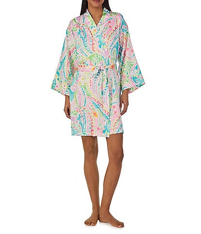 Lauren Ralph Lauren Multi Paisley Print 3/4 Sleeve Satin Kimono Short Robe