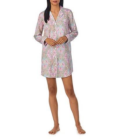 Lauren Ralph Lauren Multi Paisley Sateen Long Sleeve Notch Collar Nightshirt