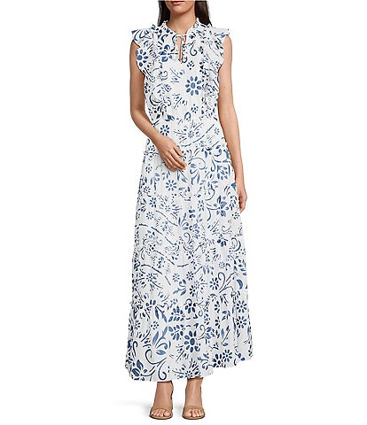 Lauren Ralph Lauren Narellea Cotton Voile Floral V-Neck Short Flutter Sleeve A-Line Tiered Ruffle Trim Maxi Dress