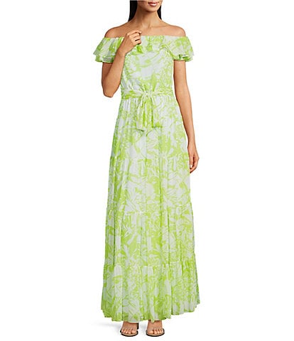 Lauren Ralph Lauren Nashia Georgette Off-The-Shoulder Floral Ruffle Trim A-Line Maxi Dress
