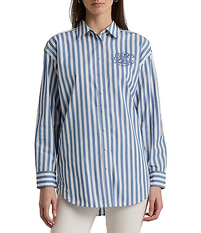 Lauren Ralph Lauren Oversized Stripe Embroidered RLL Chest Point Collar Long Sleeve Button Down Shirt