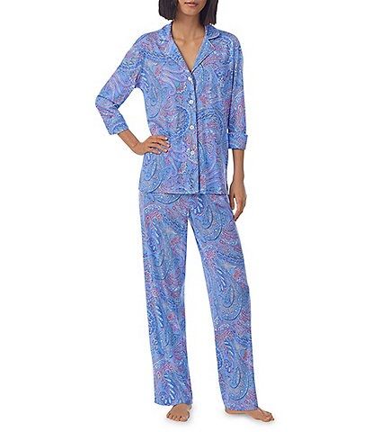 Lauren Ralph Lauren Paisley Print 3/4 Sleeve Notch Collar Long Knit Pajama Set
