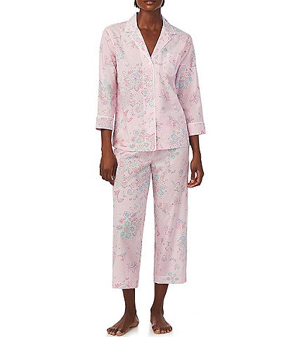 Lauren Ralph Lauren Petite Size Multi Floral Print 3/4 Sleeve Notch Collar  Woven Pajama Set