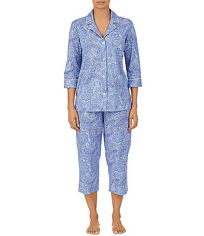 Lauren Ralph Lauren Paisley Print Jersey Knit 3/4 Sleeve Notch Collar Cropped Pajama Set