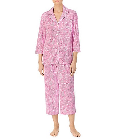Lauren Ralph Lauren Paisley Print Jersey Knit Notch Collar 3/4 Sleeve Embroidered Pocket Capri Pajama Set