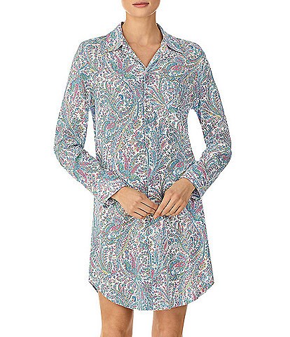 Lauren Ralph Lauren Paisley Print Long Sleeve Notch Collar Soft Knit Nightgown