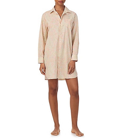 Lauren Ralph Lauren Paisley Print Long Sleeve Notch Collar Woven Sleepshirt