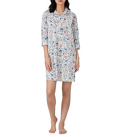 Lauren Ralph Lauren Paisley Print Long Sleeve Roll Tab Notch Collar Woven Nightshirt