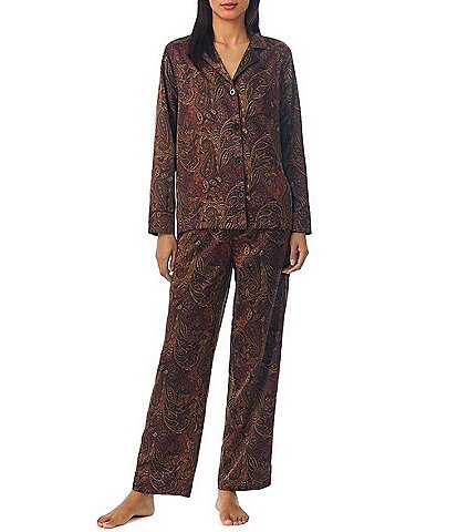 Lauren Ralph Lauren Paisley Print Satin Long Sleeve Notch Collar Long Pant Holiday Pajama Set