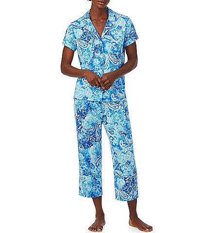 Lauren Ralph Lauren Paisley Print Short Sleeve Notch Collar Capri Jersey Knit Pant Pajama Set
