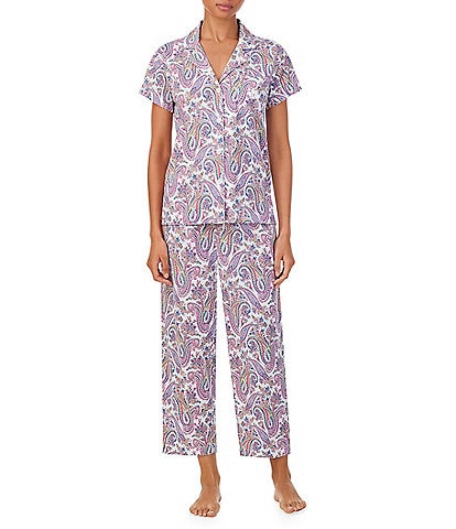 Lauren Ralph Lauren Paisley Print Short Sleeve Notch Collar Knit Cropped Pajama Set