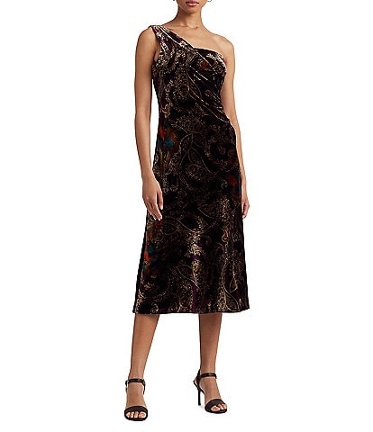 Lauren Ralph Lauren Paisley Print Velvet One-Shoulder Cocktail Dress