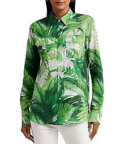 Lauren Ralph Lauren Palm Print Point Collar Long Sleeve Shirt