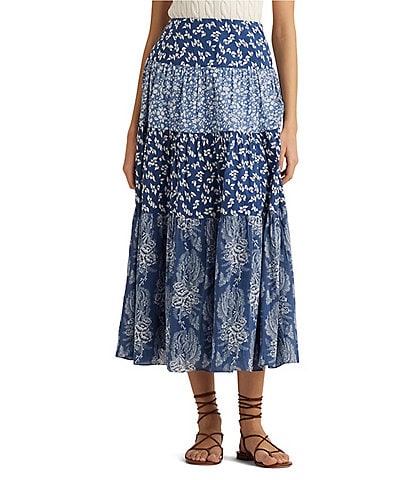 Lauren Ralph Lauren Patchwork Floral Voile Elastic Waist Tiered Midi A-Line Skirt