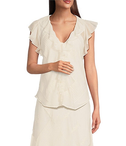 Lauren Ralph Lauren Patchwork Tulle Ruffled V-Neck Coordinating Sleeveless Blouse