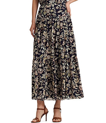 Lauren Ralph Lauren Paulina Floral Poly Crinkle Tiered Coordinating Midi A-Line Skirt