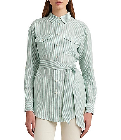 Lauren Ralph Lauren Petite Size Striped Belted Point Collar Long Sleeve Button Down Shirt