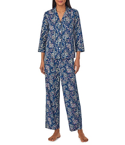 Lauren Ralph Lauren Petite Size 3/4 Sleeve Notch Collar Woven Paisley Pajama Set