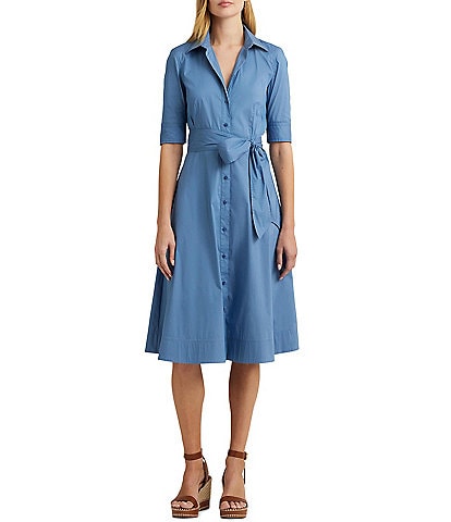 Lauren Ralph Lauren Petite Size Belted Cotton-Blend Point Collar Short Sleeve Button Front Fit and Flare Midi Shirt Dress