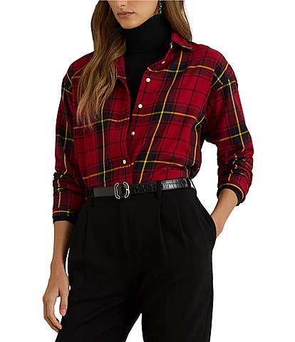 Lauren Ralph Lauren Petite Size Checked Plaid Point Collar Long Sleeve Button-Front Shirt