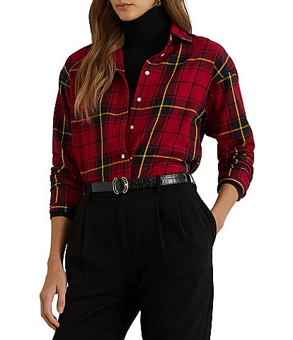 Lauren Ralph Lauren Petite Size Checked Plaid Point Collar Long Sleeve Button-Front Shirt