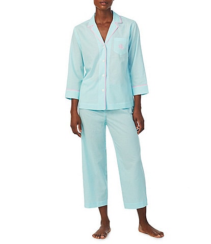 Lauren Ralph Lauren Petite Size Checkered Print 3/4 Sleeve Notch Collar Woven Pajama Set