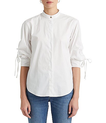 Lauren Ralph Lauren Petite Size Cotton Blend Band Collar 3/4 Ruched Sleeve Button Front Shirt