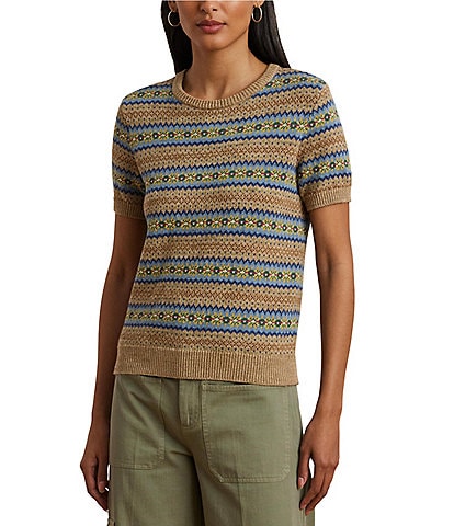 Lauren Ralph Lauren Petite Size Cotton-Blend Printed Ribbed Crew Neck Short Sleeve Sweater