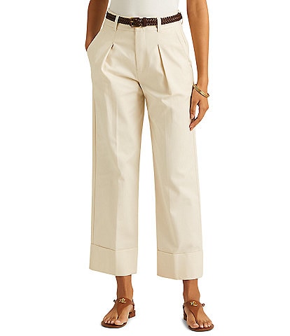 Lauren Ralph Lauren Petite Size Double Faced Stretch Cotton High Rise Wide Leg Pleat Front Roll Cuff Crop Pants
