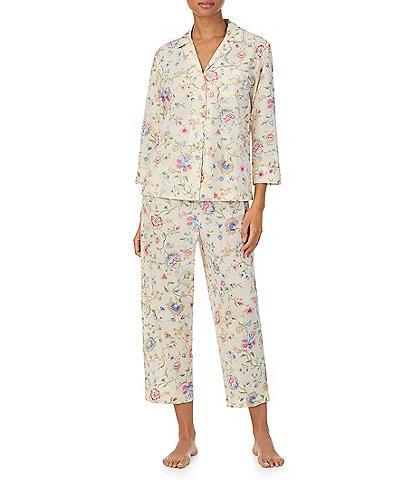 Lauren Ralph Lauren Petite Size Floral Print 3/4 Sleeve Notch Collar Woven Cropped Pajama Set
