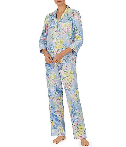 Lauren Ralph Lauren Petite Size Floral Print 3/4 Sleeve Notch Collar Woven Pajama Set