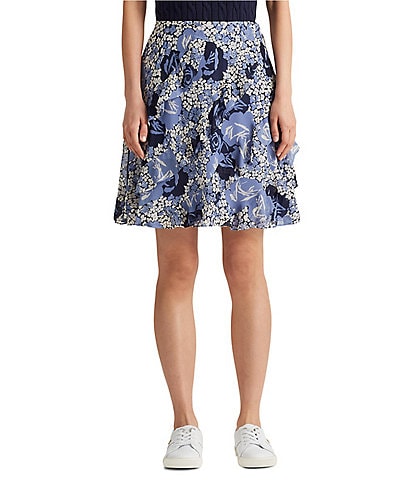 Lauren Ralph Lauren Petite Size Floral Print Georgette Ruffle Trim A-Line Skirt