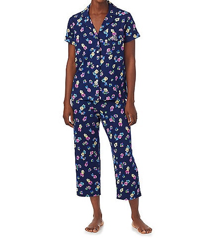 Lauren Ralph Lauren Petite Size Floral Print Short Sleeve Notch Collar Capri Jersey Knit Pant Pajama Set