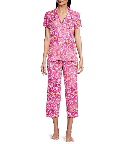 Lauren Ralph Lauren Petite Size Floral Print Short Sleeve Notch Collar Knit Cropped Pajama Set