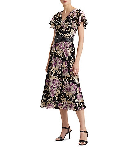 Lauren Ralph Lauren Petite Size Floral Print V-Neck Short Flutter Sleeve Belted Crinkle Georgette Dress