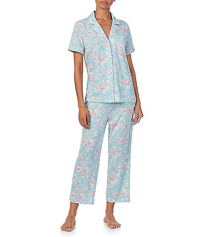 Lauren Ralph Lauren Petite Size Floral Short Sleeve Notch Collar Knit Cropped Pajama Set