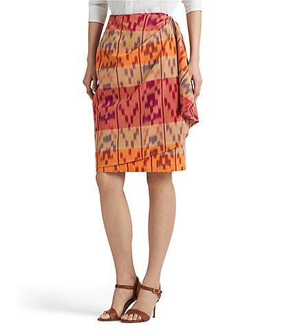 Lauren Ralph Lauren Petite Size Geo Motif Sash Detail Cotton Linen Wrap Skirt