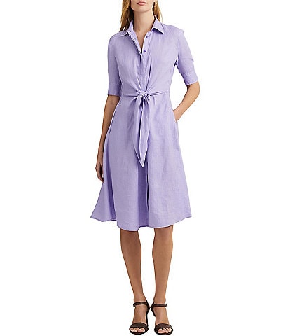 Lauren Ralph Lauren Petite Size Indigo Sail Short Sleeve Self Tie Midi Dress