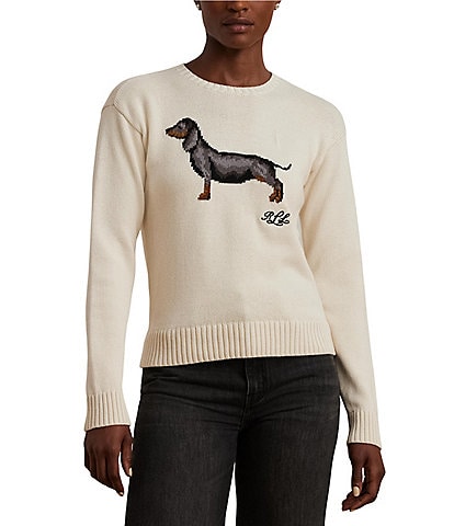 Lauren Ralph Lauren Petite Size Intarsia-Knit Dachshund Crew Neck "LRL" Script Embroidered Sweater