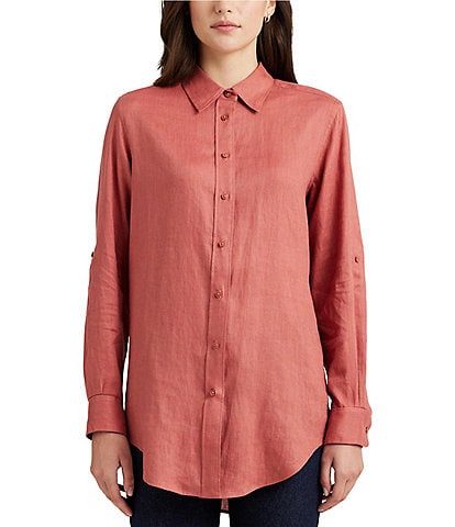 Lauren Ralph Lauren Petite Size Karrie Linen Roll-Tab Sleeve Point Collared Button Down Shirt