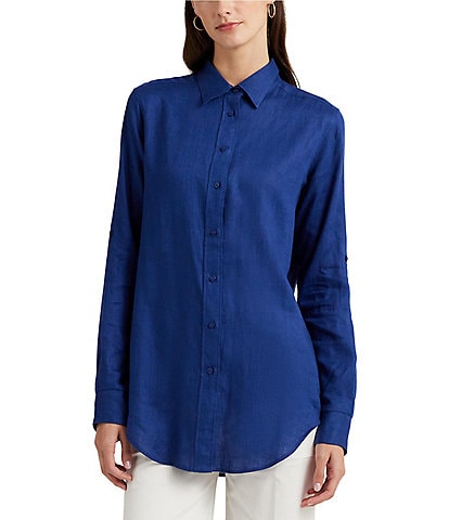 Lauren Ralph Lauren Petite Size Karrie Linen Roll-Tab Sleeve Point Collared Button Down Shirt