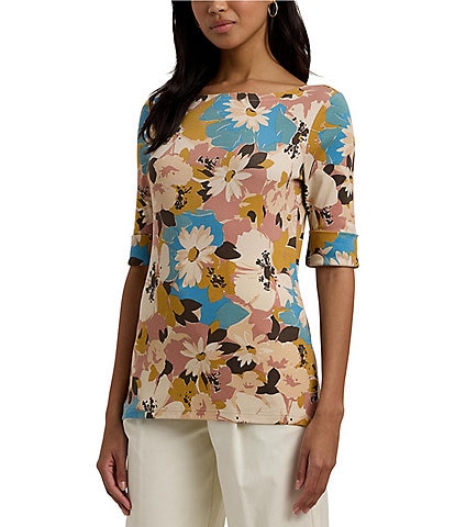 Lauren Ralph Lauren Petite Size Knit Floral Boat Neck Elbow Length Sleeve Tee Shirt
