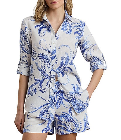 Lauren Ralph Lauren Petite Size Lightweight Linen Paisley Point Collar Long Roll-Tab Sleeve Button Front Shirt